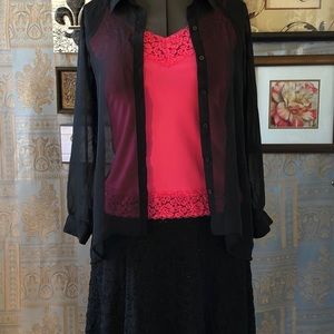 Lauren Conrad black lace&sheer long sl. shirt